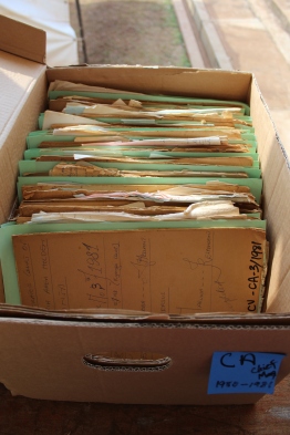 We would then file the case files into boxes, in order by year. So this is a box of civil appeal files from the Chief Magistrate's Court, in case number order from 1980-1981. You can see the hand labeling in black sharpie at the bottom of the top file.